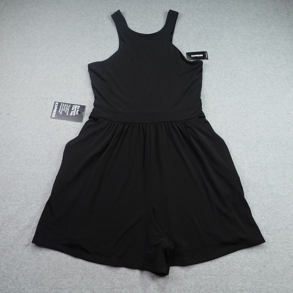 Express Romper Women 0 Black Lace-up Back Sleeveless High Neck Pockets